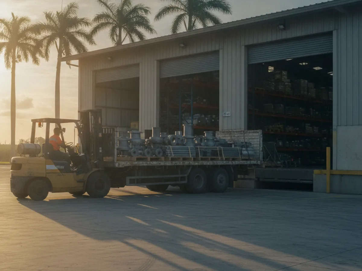 Flatbed truck being loaded with flanges and pipe at the dispatch yard